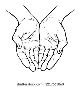 Hands cupped together. Sketch vector illustration isolated on white background