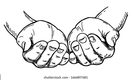 Hands cupped together. Sketch vector illustration isolated on white background. Hand Gesture