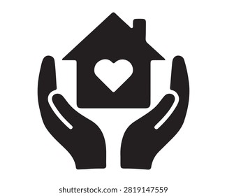 Hands cupping a house with a heart icon representing loving home real estate protection security residential affection kindness silhouette illustration property mortgage investment