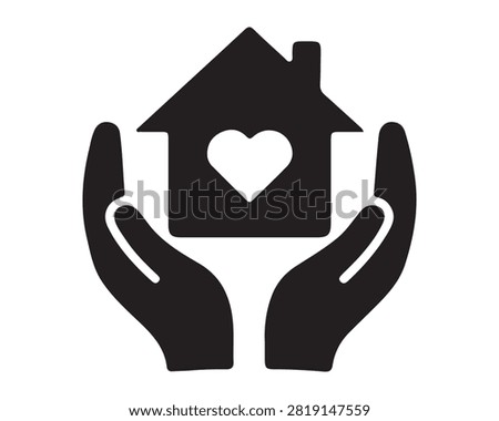 Hands cupping a house with a heart icon representing loving home real estate protection security residential affection kindness silhouette illustration property mortgage investment
