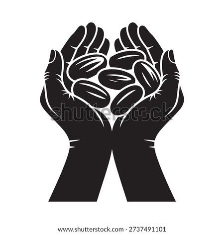 Hands cupping a pile of dates representing generosity care and abundance in a simple graphic