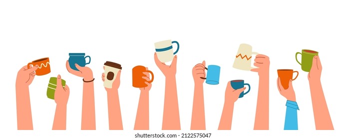 Hands and cups  Cartoon raised hands mugs   paper tea cups  persons hand and hot drink  Vector set