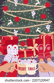 Hands with cups, Christmas tree and gifts. Flat lay illustration