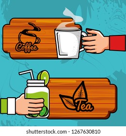 hands with cups of coffee and tea