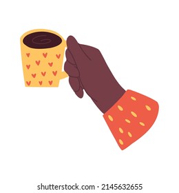 Hands with cups for drinks. Hands hold different mugs with hot drink, coffee, cocoa and tea. Flat vector hand drawn illustration.