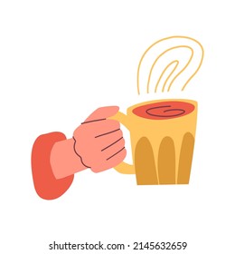 Hands with cups for drinks. Hands hold different mugs with hot drink, coffee, cocoa and tea. Flat vector hand drawn illustration.