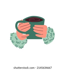 Hands with cups for drinks. Hands hold different mugs with hot drink, coffee, cocoa and tea. Flat vector hand drawn illustration.