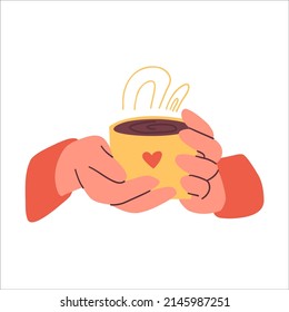 Hands with cups for drinks. Hands hold different mugs with hot drink, coffee, cocoa and tea. Flat vector hand drawn illustration.