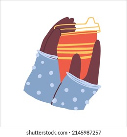 Hands with cups for drinks. Hands hold different mugs with hot drink, coffee, cocoa and tea. Flat vector hand drawn illustration.