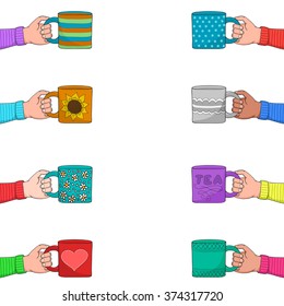 Hands with cups of tea - vector set. Cartoon tea or coffee collection.