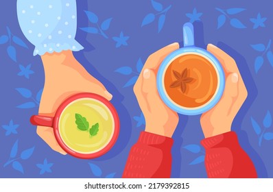 Hands Cups Top View. Shared Tea Conversation, Hand With Cup Coffee Or Mug Hot Drink, Arm Holding Teacup On Love Meeting, Time Friend Support Morning Cafe, Neat Vector Illustration On Blue