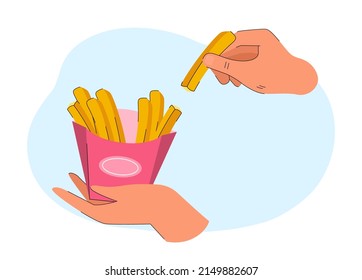 Manos de clientes comiendo patatas fritas. Papas fritas en la ilustración vectorial plana de la caja de papel. Comida rápida, estilo de vida poco saludable, concepto de dieta para banner, diseño de sitios web o página web de aterrizaje