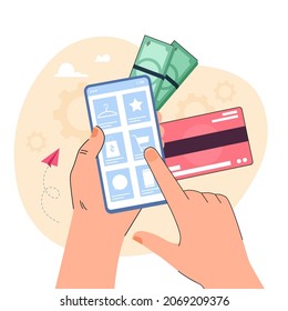 Hands of customer using mobile application of online shop. Man touching category of products on screen of phone, holding credit card and money for payment flat vector illustration. Ecommerce concept
