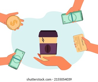 Hands of customers offering money for cup of coffee. People giving cash to barista flat vector illustration. Coffee shop, finances, payment concept for banner, website design or landing web page