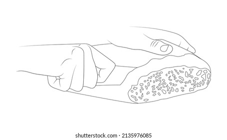 Hands cut bread with knife vector sketch illustration.