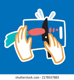 Las manos cortan la zanahoria en el tablero. Cocina. Receta. Restaurante. Pegatina de doodle vectorial al estilo de las caricaturas.