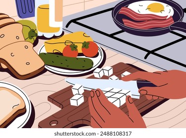 Las manos cortan el queso con el cuchillo en la tabla de madera vista superior. La persona cocina comida sabrosa, comida, comida en la encimera. El personaje prepara huevo frito y tocino asado en una sartén para el desayuno. Ilustración vectorial plana