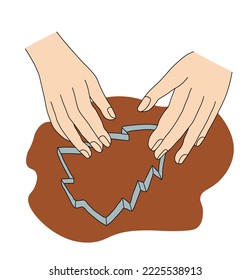 Hands are cut out in the form of a Christmas tree from dough for gingerbread. Vector illustration on a white background