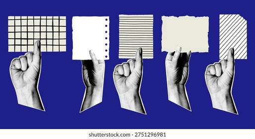 Hands cut out of paper in dots holding various empty paper sheets, notebook pages, and torn scraps for text messages on blue background. Retro collage style vector illustration