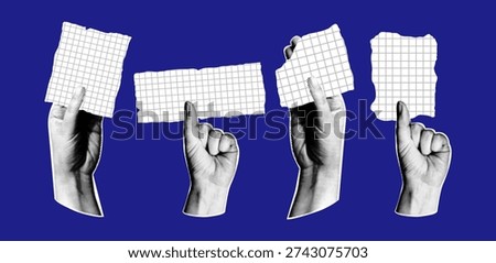 Hands cut out of paper in dots holding torn pieces of white squared graph notebook paper with ripped edges. Retro collage style vector illustration