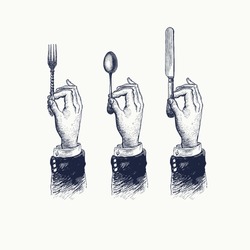 Руки с столовыми. Ложка, вилка и нож. Старинные стилизованные рисунок. Векторная иллюстрация в стиле ретро