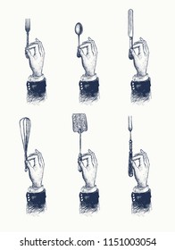 Hands with cutleries. Spoon, fork and knife. Kitchen Wire Whisk Beater, cooking spatula, chopping fork. Vintage stylized drawing. Vector illustration, retro woodcut style