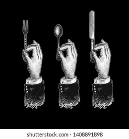 Hands with cutleries. Spoon, fork and knife. Vintage stylized drawing. Vector illustration in a retro woodcut style. Black and white version