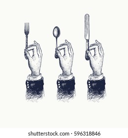 Hands and cutleries  Spoon  fork   knife  Vintage stylized drawing  Vector illustration in retro woodcut style