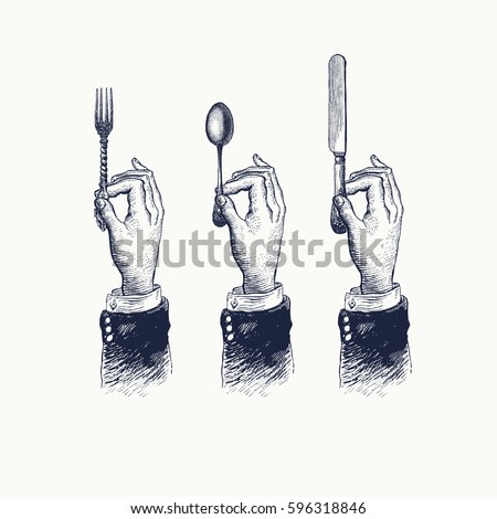 Hands with cutleries. Spoon, fork and knife. Vintage stylized drawing. Vector illustration in a retro woodcut style