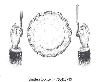 Hands with cutleries.Table setting with plate, fork, knife. Hand drawn vintage vector black and white illustration in a retro woodcut style