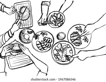 Hands with cutlery. Dining people, top view on table setting with human fork, knife, plate and tablet