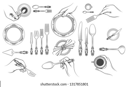 Hands with cutlery. Vector illustration of dining people hands with crockery at the table setting