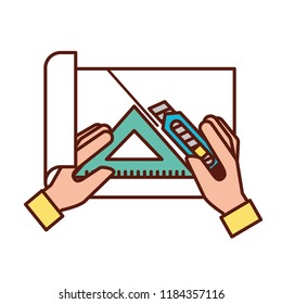 hands with cutter and triangle ruler cut paper