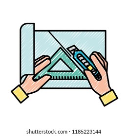 hands with cutter and triangle ruler cut paper