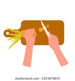 Hands cutting carrot on board. Slicing vegetable on chopping board vector illustration