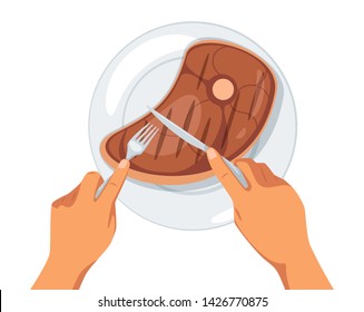 Hands cutting fried steak in plate vector illustration. High calorie animal product. Crispy roasted pork, beef isolated clipart. Cooked homemade food. Human eating restaurant meat dish order