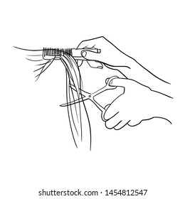 Hands cutting hair, hands of a hairdresser, hands and scissors, linear drawing in vector
