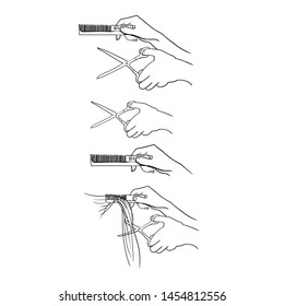 Hands cutting hair, hands of a hairdresser, hands and scissors, linear drawing in vector
