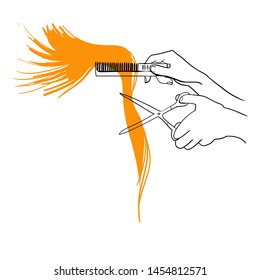 Hands cutting hair, hands of a hairdresser, hands and scissors, linear drawing in vector
