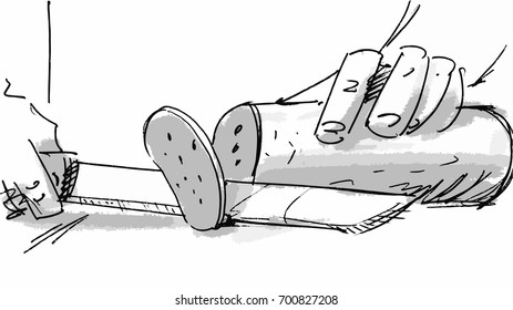 Hands cutting ham with a knife close up Vector sketch for storyboard, cartoon, project