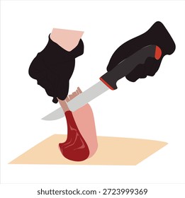 Hände beim Schneiden von Fleisch. Die Hände schneiden das Fleisch mit dem Messer auf dem Schneidebrett in Stücke.