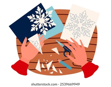 Hands cutting snowflake out of piece of paper vector illustration. Hand made craft. Top view on table with hands making christmas decoration,DIY.