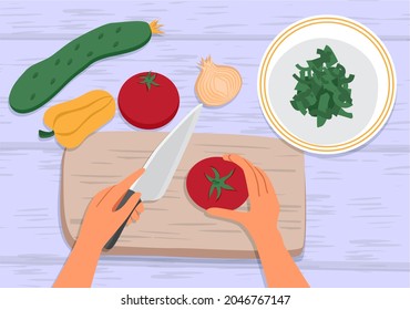 Hands cutting a tomato. On the table are pepper, cucumber, onion and a plate of herbs. Top view. The concept of cooking at home. Vector Illustration in flat style