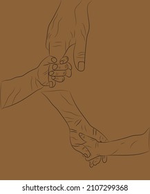 Hands of Dad and Baby. Cute old male dad body palm help go. Closeup view white background text space. Line black drawn young tiny touch thumb safety support life logo icon sign design. 