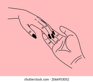 Hands dating. Love hand bonding, couple marriage proposal, boyfriend and girlfriend arms, drawing lovers couple holding palms on pink background vector illustration