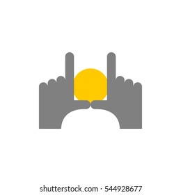 Hands and dawn abstract logo. Pointing fingers frame. Find good picture. Photographers emblem
