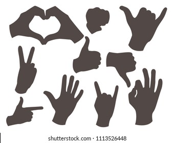 Hands deaf-mute different gestures black silhouette human arm people communication message vector illustration.