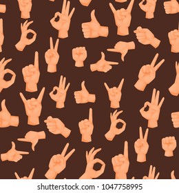 Hands deaf-mute gestures human pointing arm people gesturing communication message seamless pattern background vector illustration.