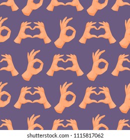 Hands deaf-mute gestures human pointing arm people gesturing communication message seamless pattern background vector illustration.