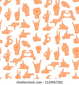 Hands deaf-mute gestures human pointing arm people gesturing communication message seamless pattern background vector illustration.